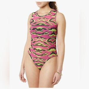 NWT-TEREA Women's Astrid Mesh Bodysuit Rose Violet Animal Print Sleeveless